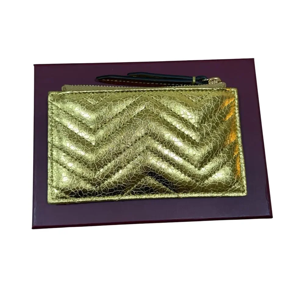 Gucci GG Marmont Key Case Gold Metallic Crinkle Leather Double G NIB
